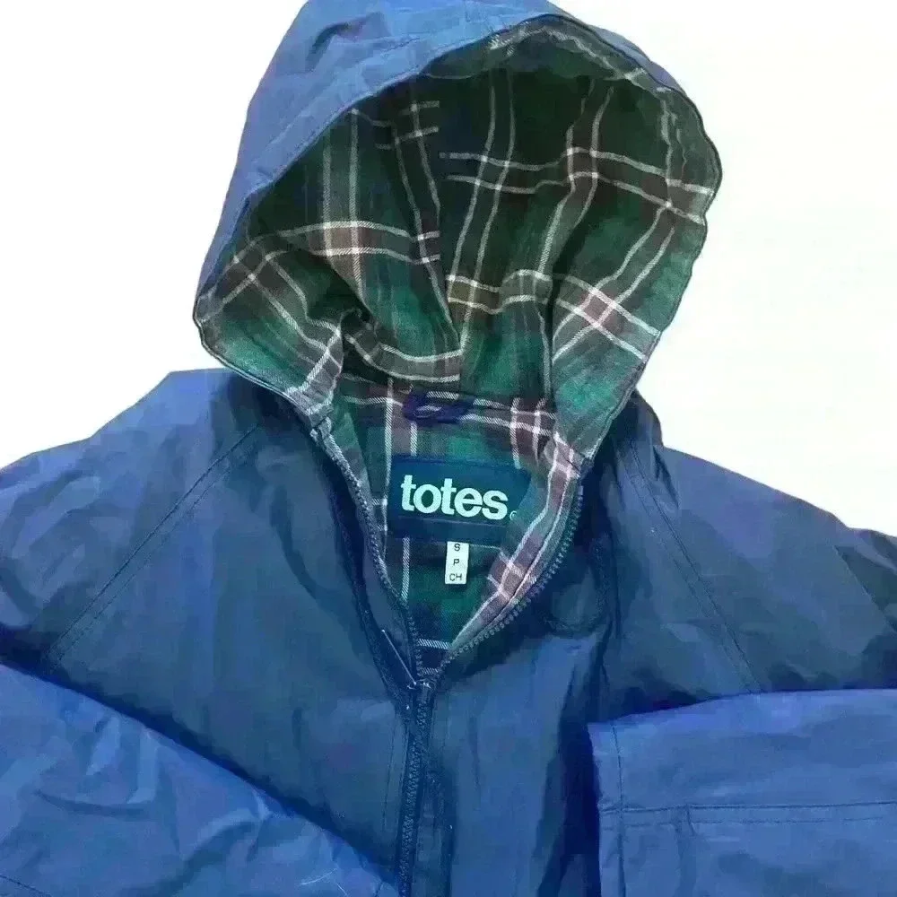 Totes Women's PVC Navy Blue Coat Jacket With Hood Full Zip Size S Raingear